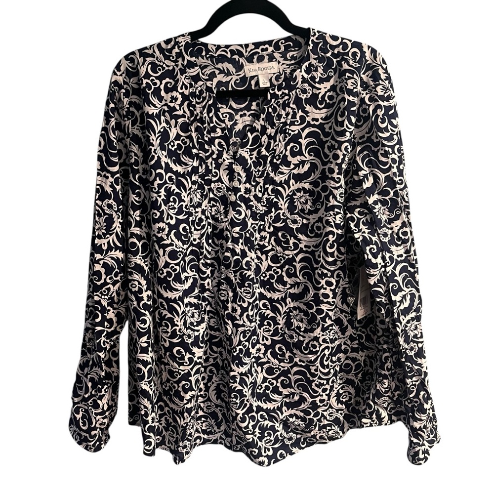 Kim Rogers Womens Large Navy Blue Italian Riviera Paisley Long Sleeve‎ Blouse